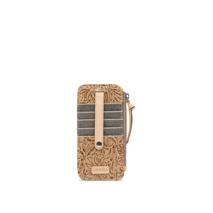 Consuela Lawton Card Organizer in tan tooled leather, front view of the slim card wallet with card slots and a snap strap on a light background.