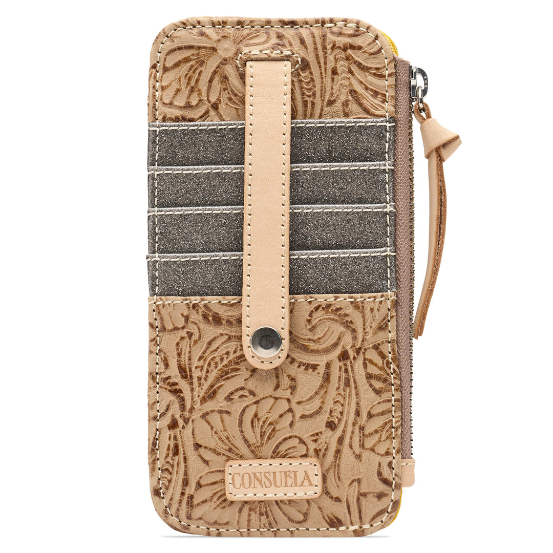 Consuela Lawton Card Organizer in neutral tan tooled floral leather, front view with multiple card slots, a snap strap, and a side zip pocket.