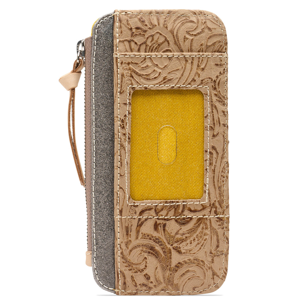 Back view of the Consuela Lawton Card Organizer showing the embossed floral leather and a clear ID window.