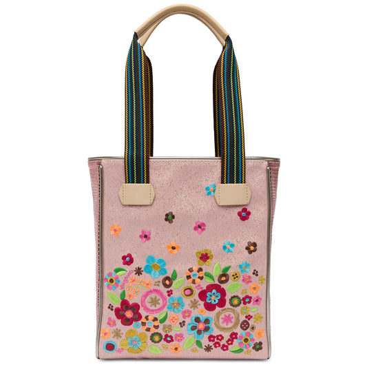 Consuela Rosaline Chica Tote in pink glitter with floral embroidery and turquoise glitter interior.