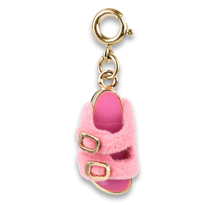 Charm It Gold Furry Pink Sandal charm, a fuzzy pink slide shoe charm for girls