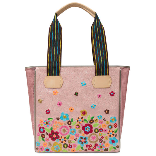 Consuela Rosaline Classic Tote in pink glitter metallic with floral embroidery and natural leather trim.