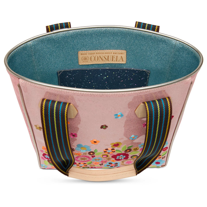 Inside of the Rosaline Classic Tote showing the turquoise glitter lining, slide pocket, and zipper pocket.