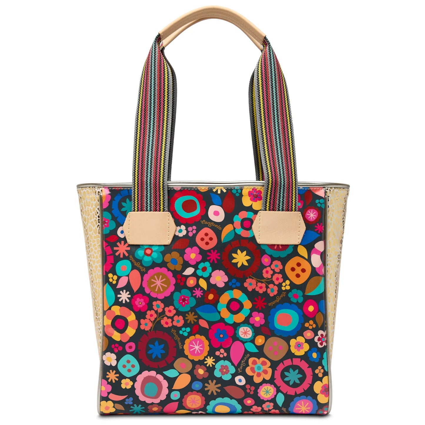 Consuela Amelie Classic Tote featuring a multi-colored floral print on ConsuelaCloth with natural leather trim.
