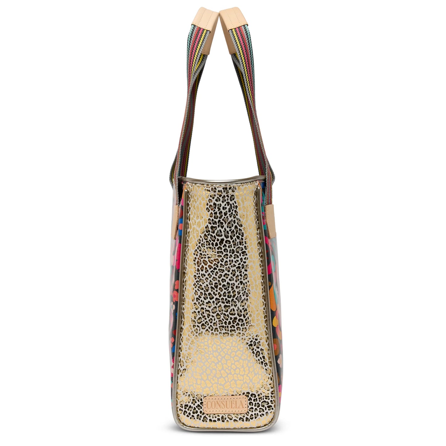 Side profile of the structured Amelie Classic Tote highlighting the woven handles and leather accents.