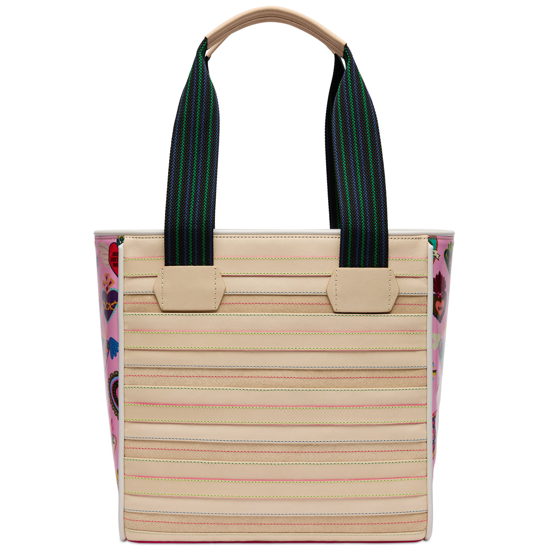 Back view of the Consuela Caroline Classic Tote in cream with colorful contrast stitching and woven shoulder straps.