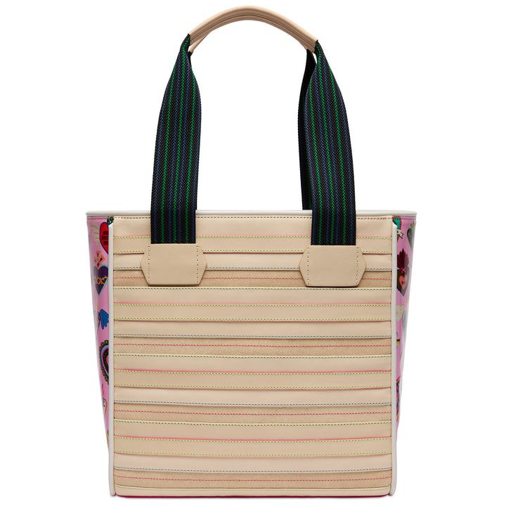 Back view of the Consuela Caroline Classic Tote in cream with colorful contrast stitching and woven shoulder straps.