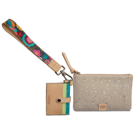 Consuela Faye Combi featuring a neutral embossed zippered pouch, a 5-slot Diego leather card wallet, and a floral wristlet strap.
