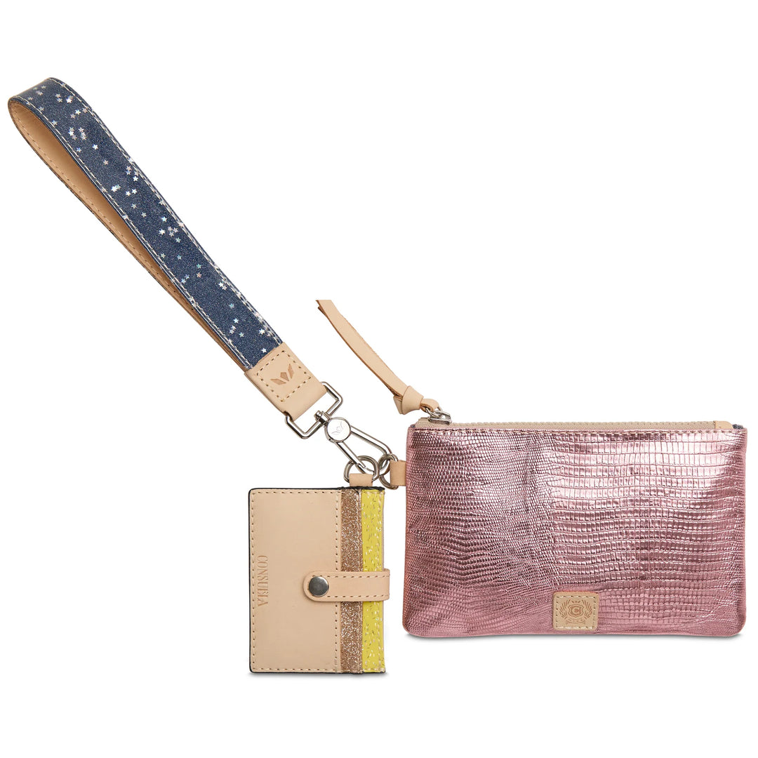 Consuela Elodie Combi featuring a mauve snake-print embossed pouch, a pink metallic leather card wallet, and a natural leather wristlet strap with silver hardware.
