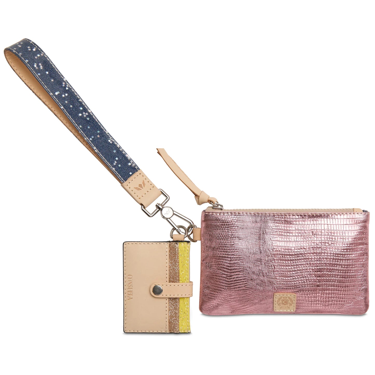Consuela Elodie Combi featuring a mauve snake-print embossed pouch, a pink metallic leather card wallet, and a natural leather wristlet strap with silver hardware.