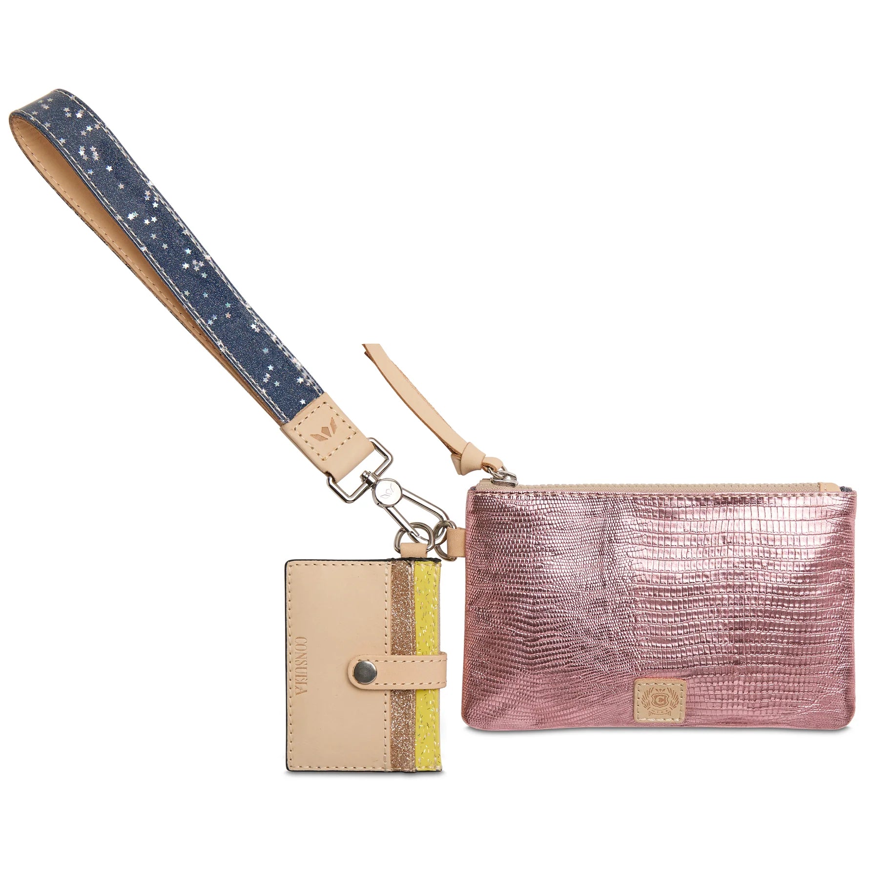 Consuela Elodie Combi featuring a mauve snake-print embossed pouch, a pink metallic leather card wallet, and a natural leather wristlet strap with silver hardware.