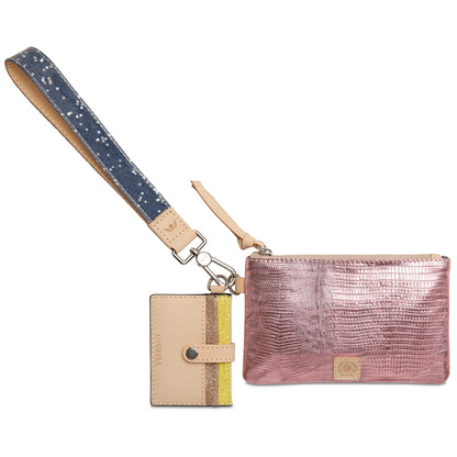 Consuela Elodie Combi featuring a mauve snake-print embossed pouch, a pink metallic leather card wallet, and a natural leather wristlet strap with silver hardware.