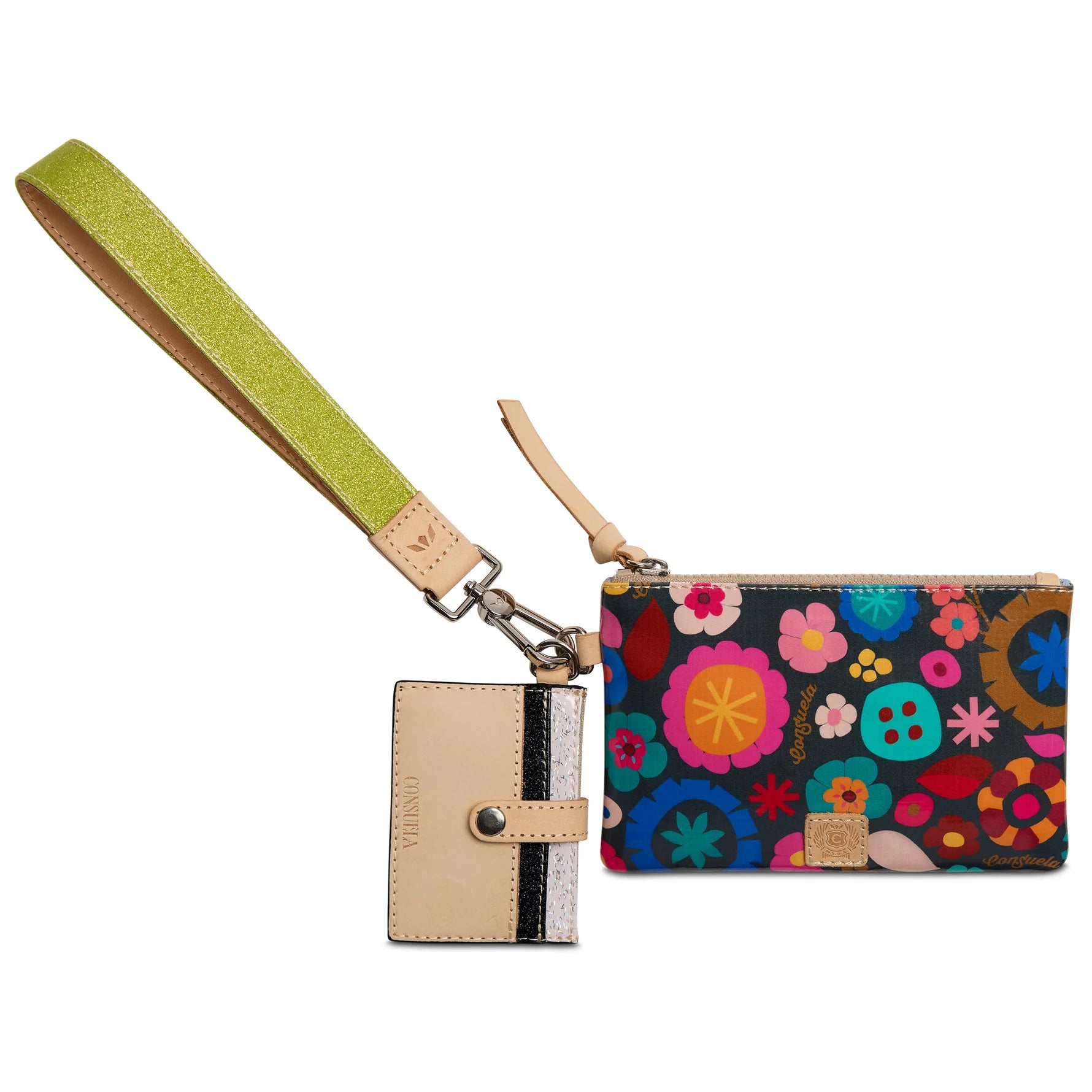 Consuela Amelie Combi set featuring a floral pouch, natural leather 5-slot card wallet, and chartreuse glitter wristlet strap.