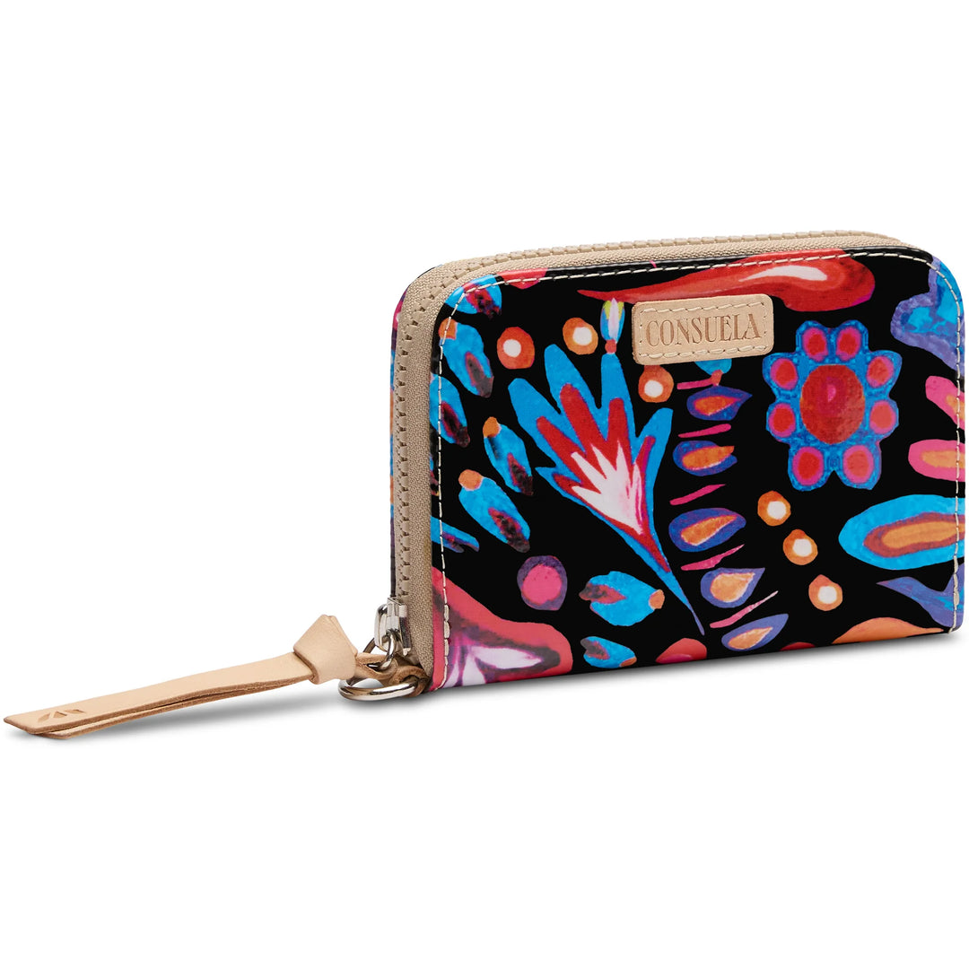 Consuela Sophie Zippy Wallet featuring a floral ConsuelaCloth exterior and natural leather trim.