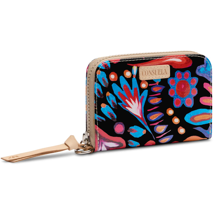 Consuela Sophie Zippy Wallet featuring a floral ConsuelaCloth exterior and natural leather trim.