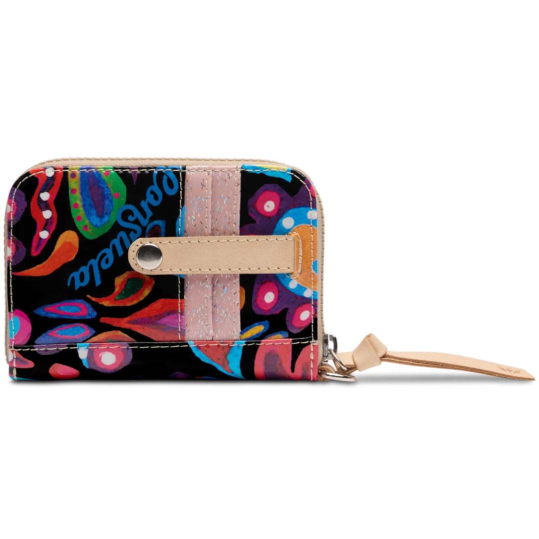 Consuela Sophie Zippy Wallet featuring a floral ConsuelaCloth exterior and natural leather trim.