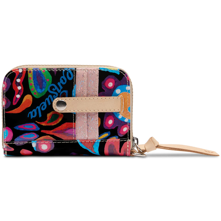 Consuela Sophie Zippy Wallet featuring a floral ConsuelaCloth exterior and natural leather trim.