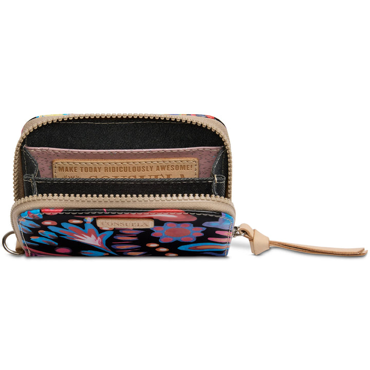 Consuela Sophie Zippy Wallet featuring a floral ConsuelaCloth exterior and natural leather trim.