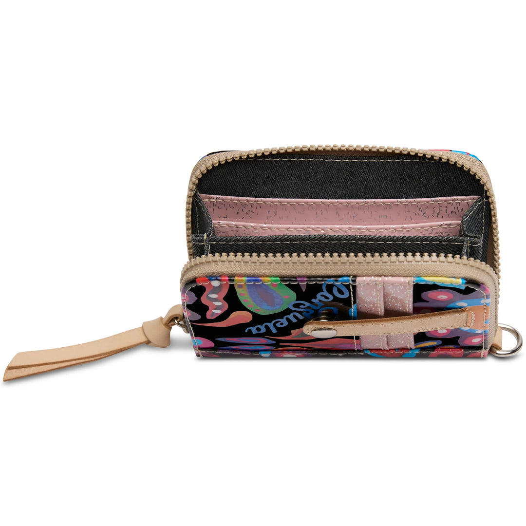 Consuela Sophie Zippy Wallet featuring a floral ConsuelaCloth exterior and natural leather trim.