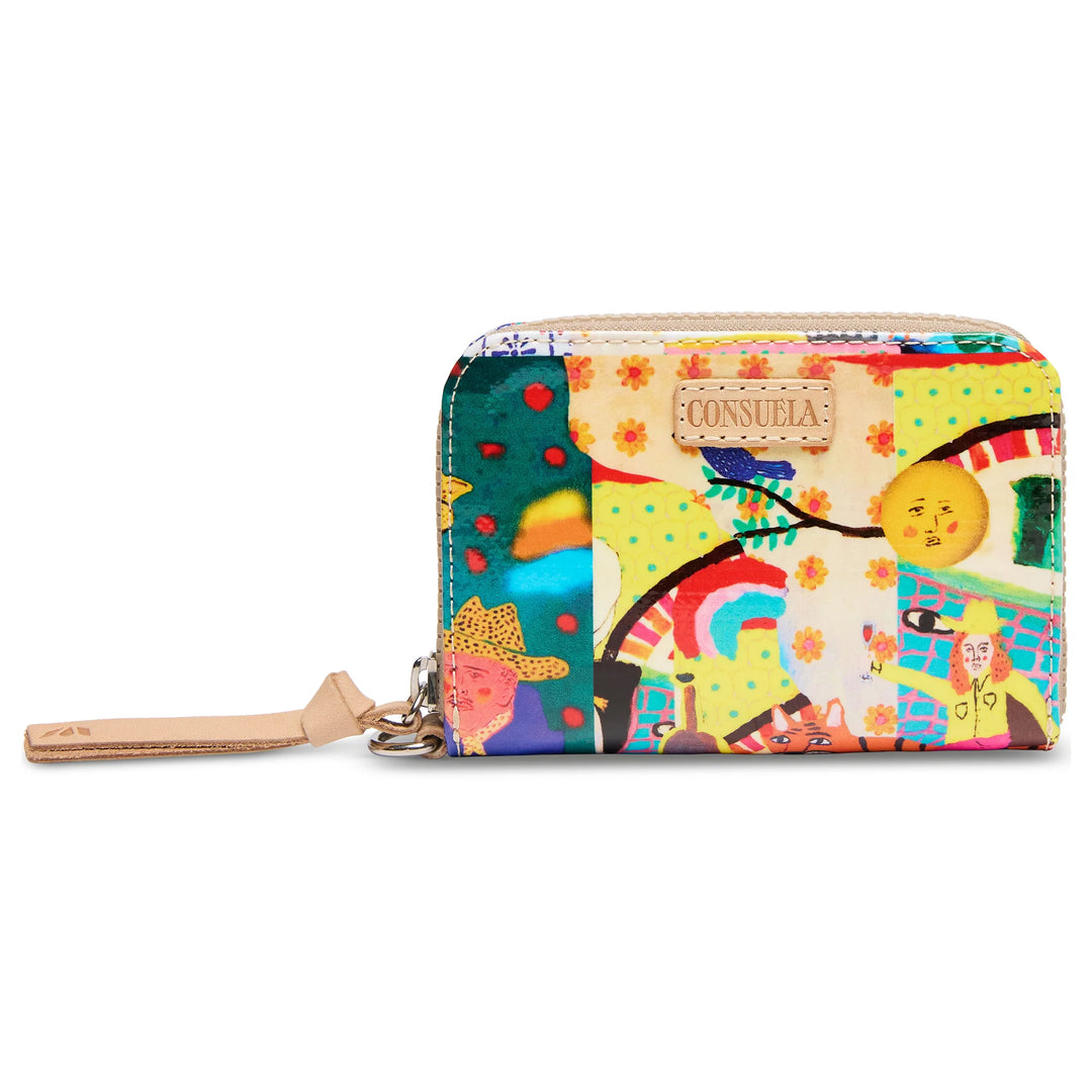 Consuela Colin Zippy Wallet featuring a vibrant multicolor collaboration print and natural leather trim.