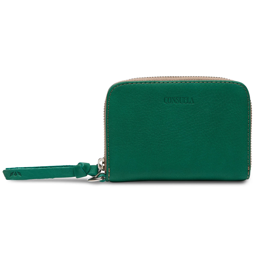 Consuela Teal Zippy Wallet in vibrant green leather with an all-around zip closure.
