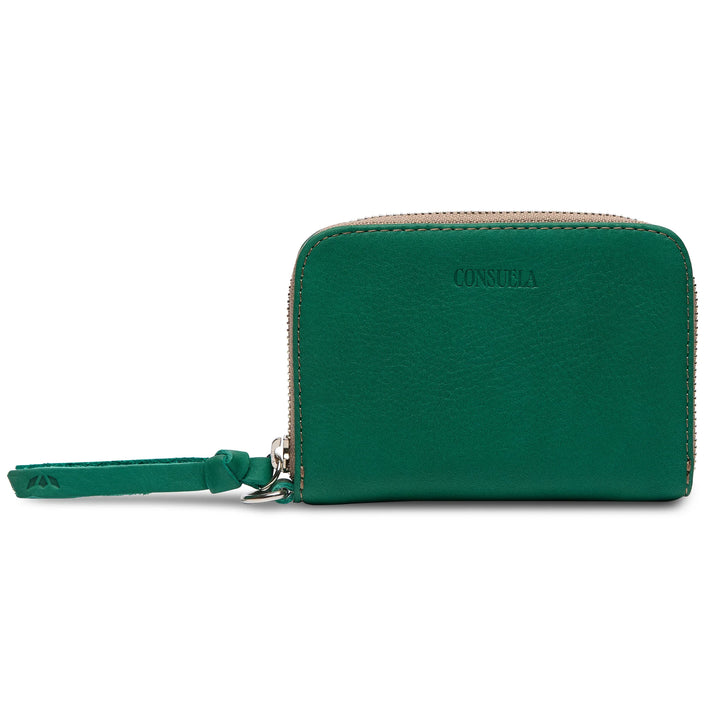 Consuela Teal Zippy Wallet in vibrant green leather with an all-around zip closure.