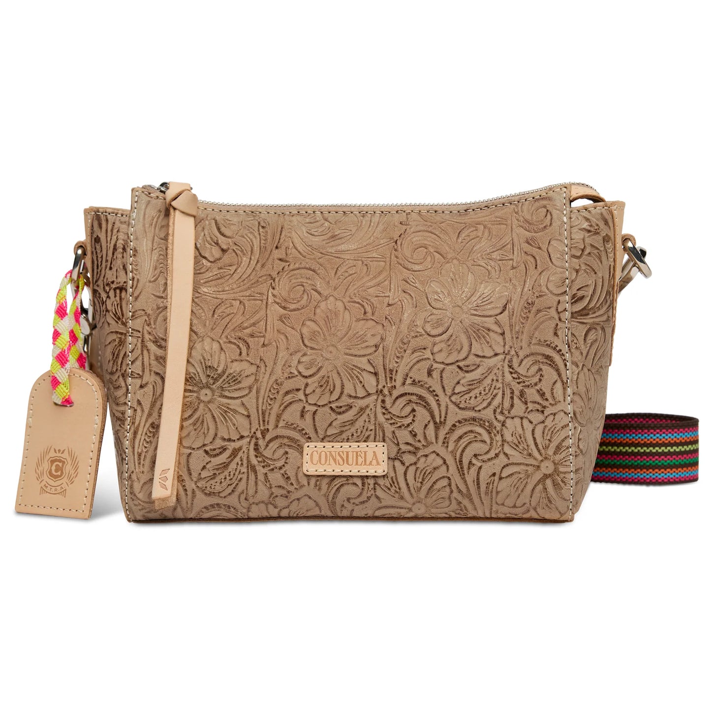 Consuela Lawton City Bag in floral tooled leather with natural leather top handles and side anchors.