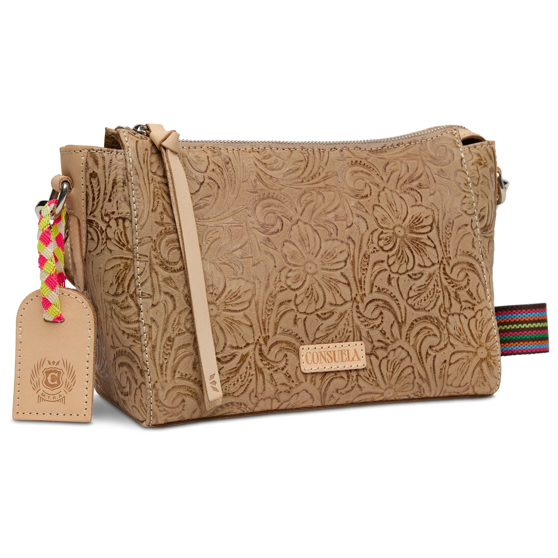 Side profile of the structured Lawton City Bag highlighting the wide base and utility anchor details.