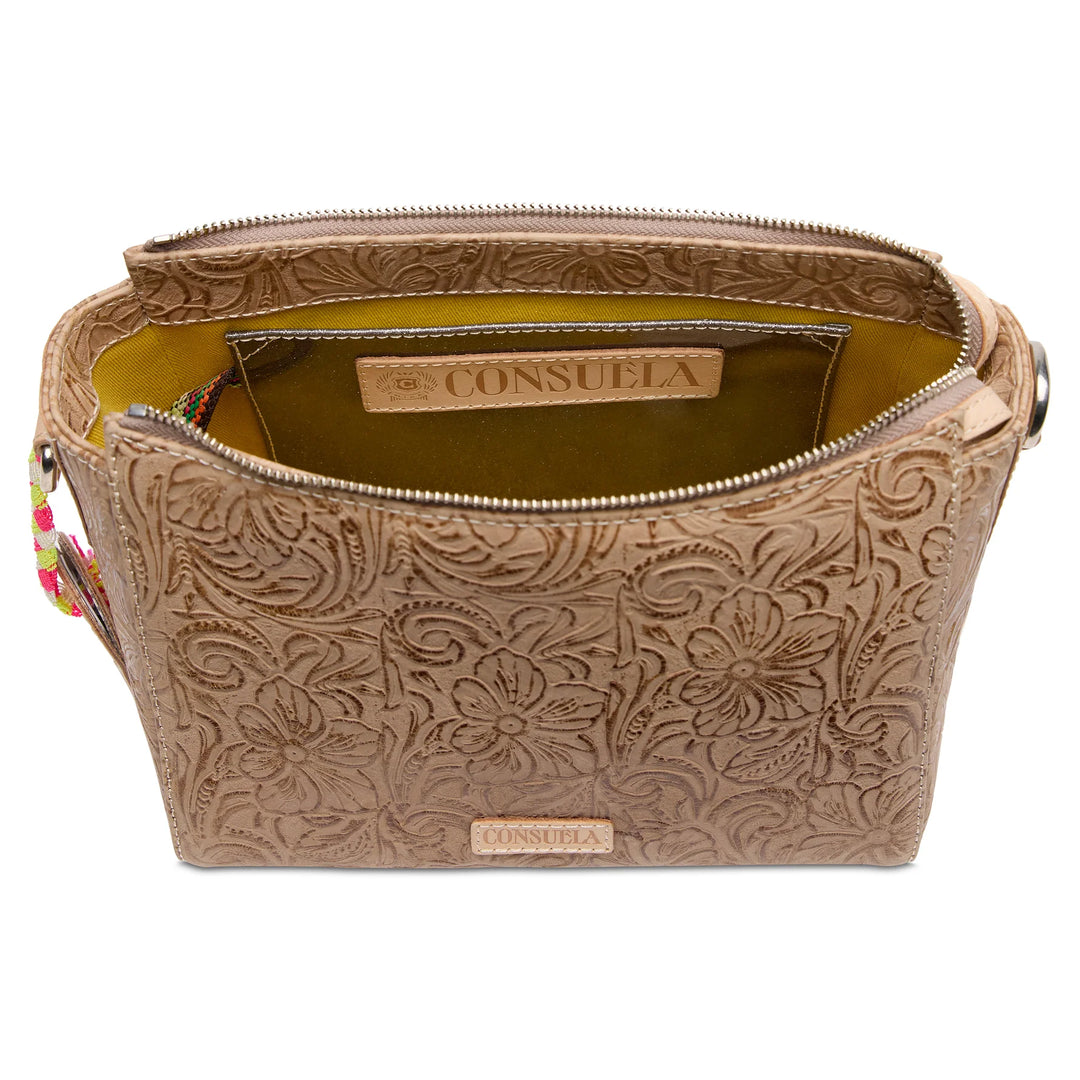 Inside of the Consuela Lawton City Bag showing the interior slide pocket and integrated credit card slots.