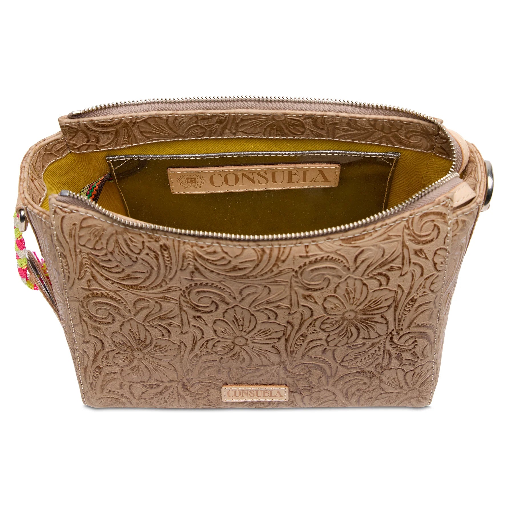 Inside of the Consuela Lawton City Bag showing the interior slide pocket and integrated credit card slots.