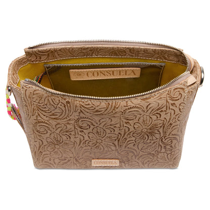 Inside of the Consuela Lawton City Bag showing the interior slide pocket and integrated credit card slots.