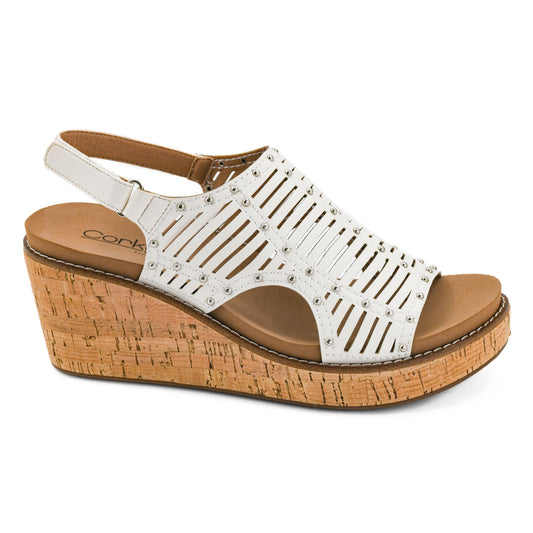 Corkys Can We Go white slide sandal with adjustable silver buckles and a comfortable mid-sole.