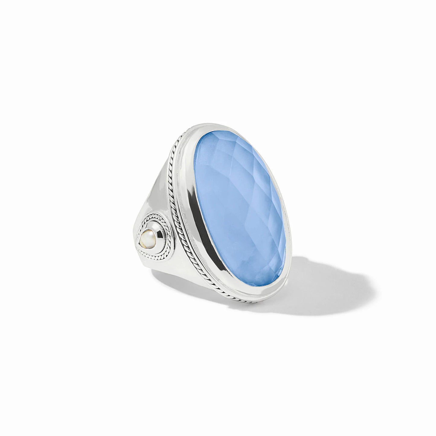 Julie Vos Cannes Statement Silver Ring featuring a large central glass pearl and architectural textured silver plating.