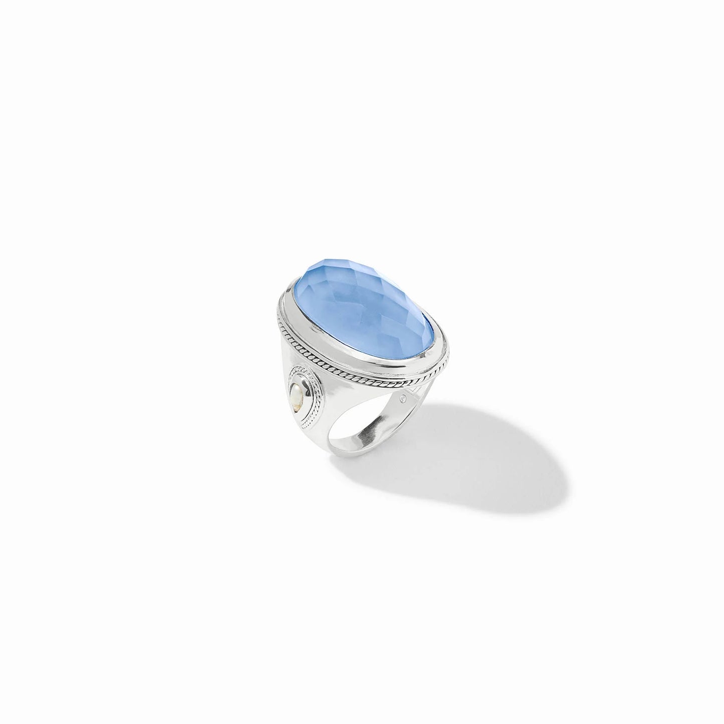 Side view of the silver Cannes Statement Ring showing the intricate relief patterns and the Julie Vos hallmark.