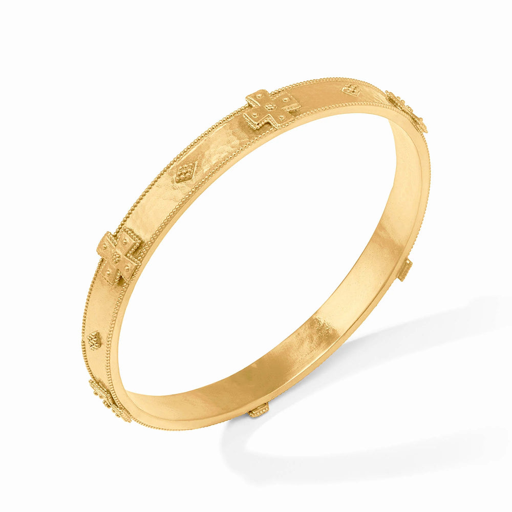 Close-up of the Julie Vos hallmark and the rich gold plating on the interior of the Canterbury Bangle.