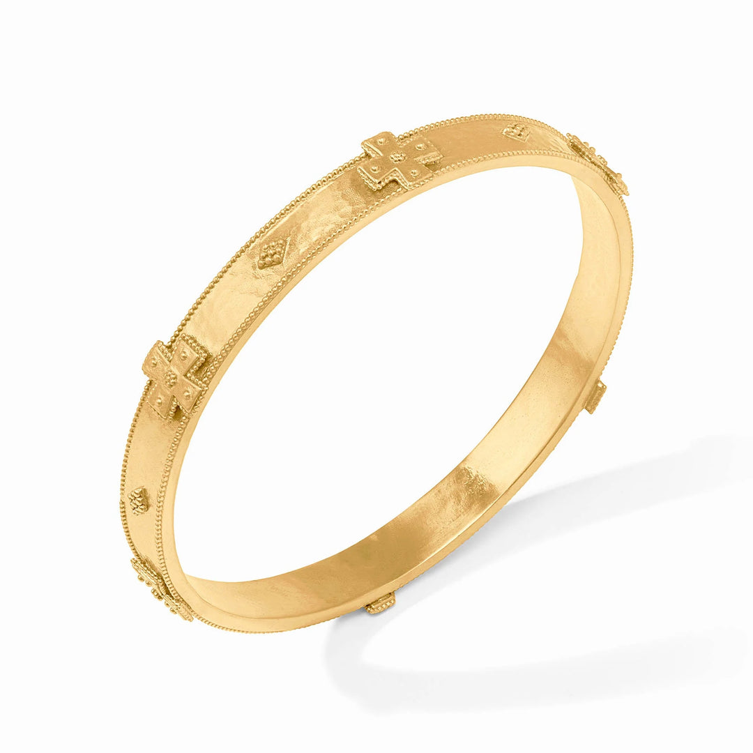 Close-up of the Julie Vos hallmark and the rich gold plating on the interior of the Canterbury Bangle.