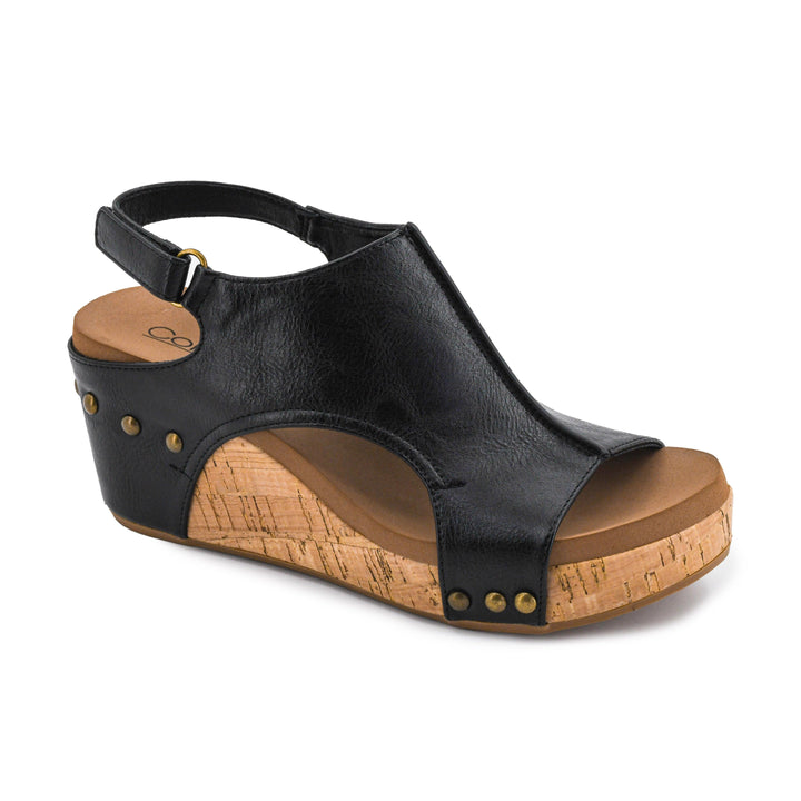 Black Corkys Carley Platform Wedge shoe featuring a smooth strap upper, cushioned footbed, and a cork-wrapped platform heel.