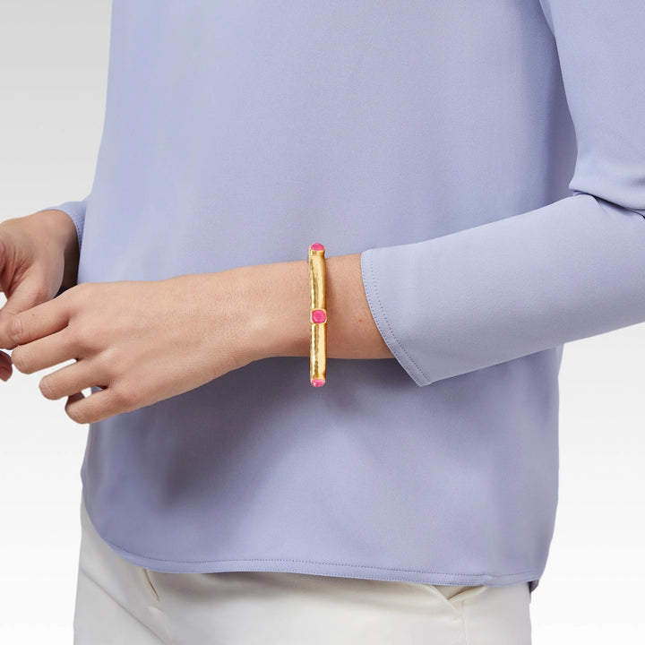 Julie Vos Catalina Hinge Bangle in 24K gold plate, featuring a lightly hammered finish and mother of pearl doublet stations.