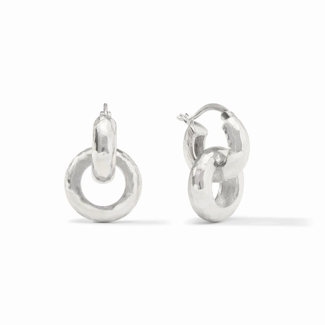 Julie Vos Cataline 2-in-1 earrings in silver; features a hinged hoop with a removable white glass pearl charm.