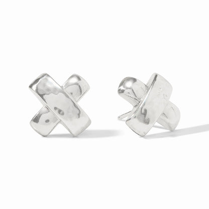 Julie Vos Catalina X Stud Earrings in polished silver featuring an architectural crisscross design.