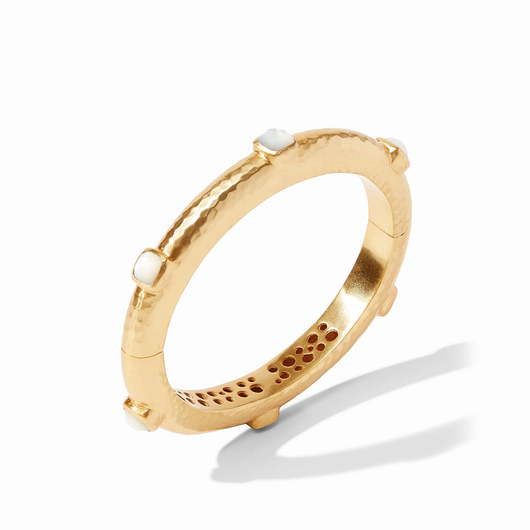Julie Vos Catalina Hinge Bangle in 24K gold plate, featuring a lightly hammered finish and mother of pearl doublet stations.