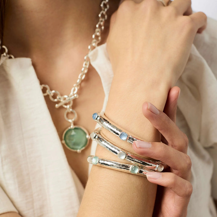 Catalina Stone Hinge Bangle - Silver - Hand-Hammered Hinged Bangle