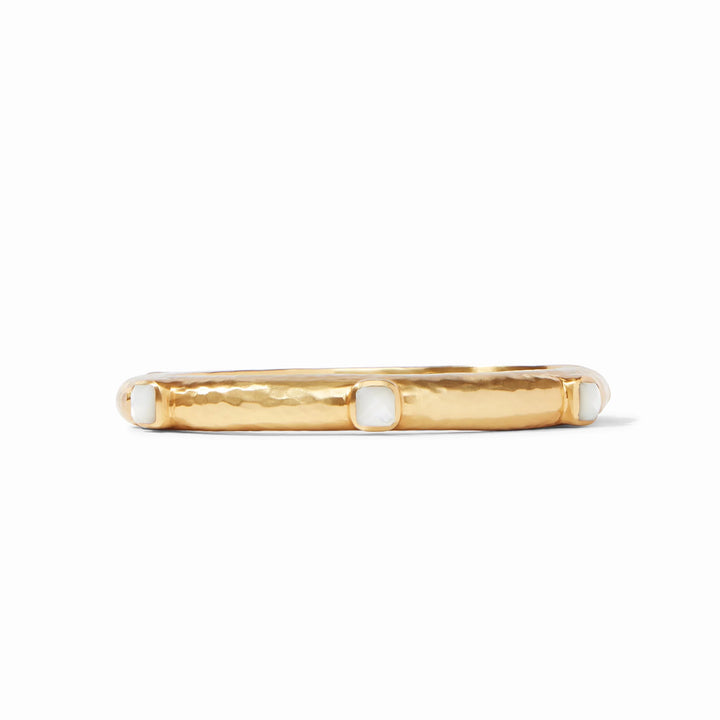 Julie Vos Catalina Hinge Bangle in 24K gold plate, featuring a lightly hammered finish and mother of pearl doublet stations.