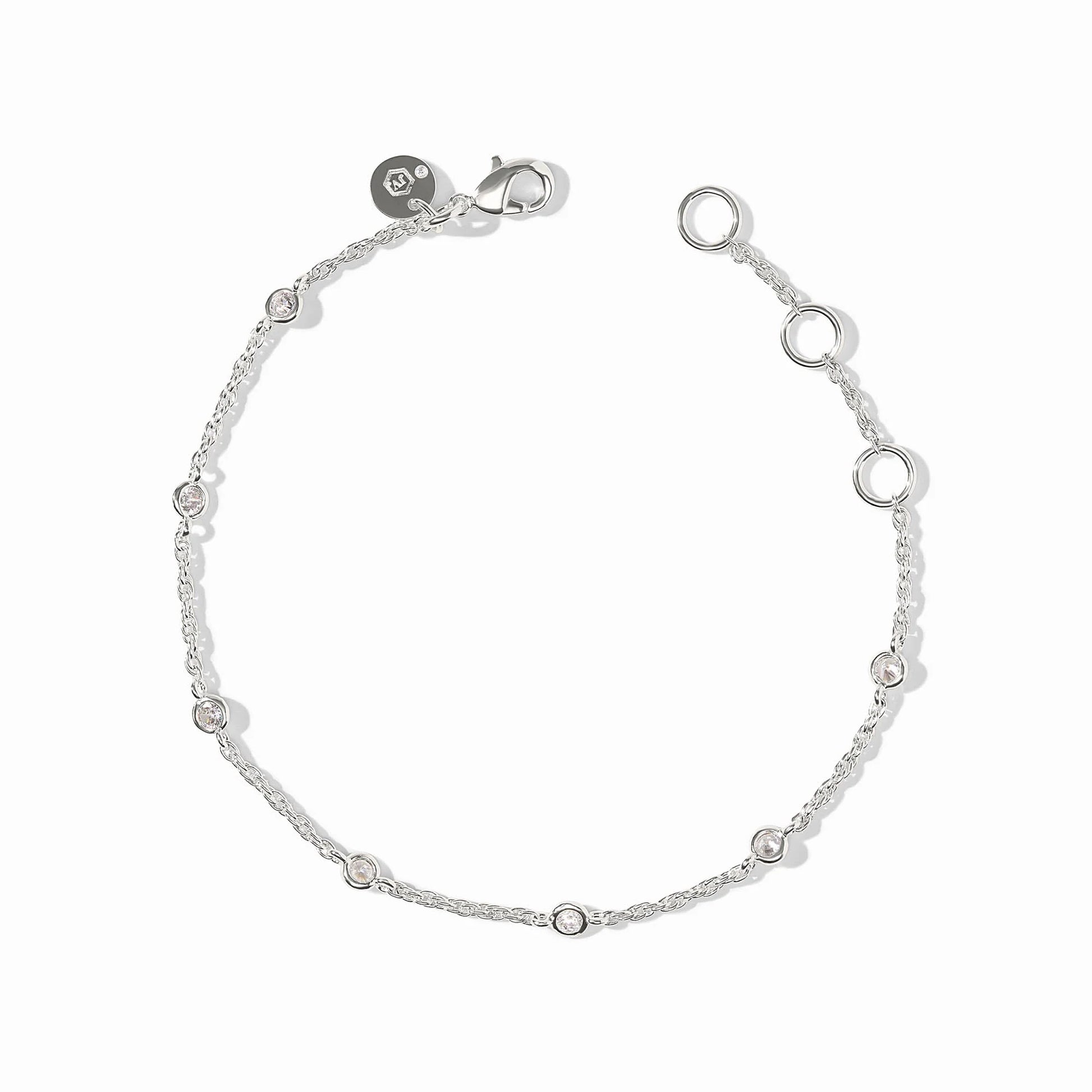 Close-up of the lobster clasp and the Julie Vos hallmark on the silver Celeste bracelet.
