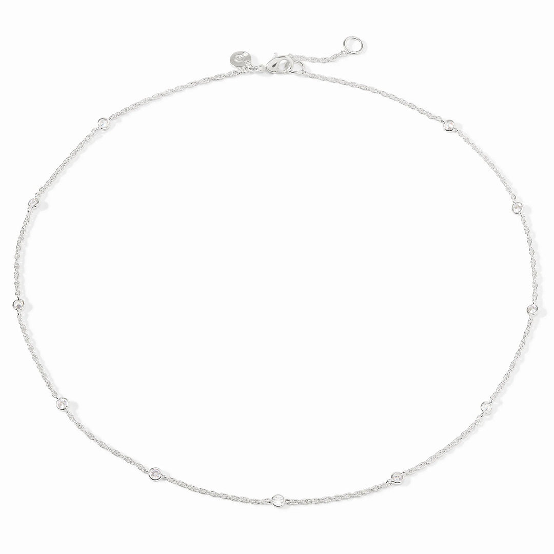 Close-up of the lobster clasp and the Julie Vos hallmark on the silver Celeste station necklace.