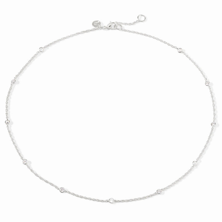 Close-up of the lobster clasp and the Julie Vos hallmark on the silver Celeste station necklace.