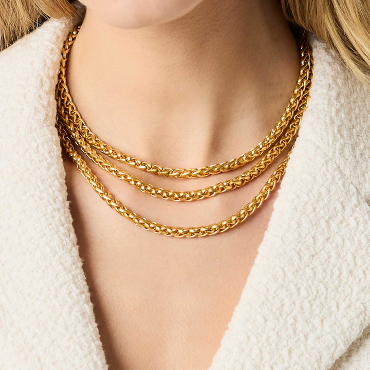 Close-up of the organic, hand-worked gold links and hallmark on the Julie Vos Cobblestone Necklace.