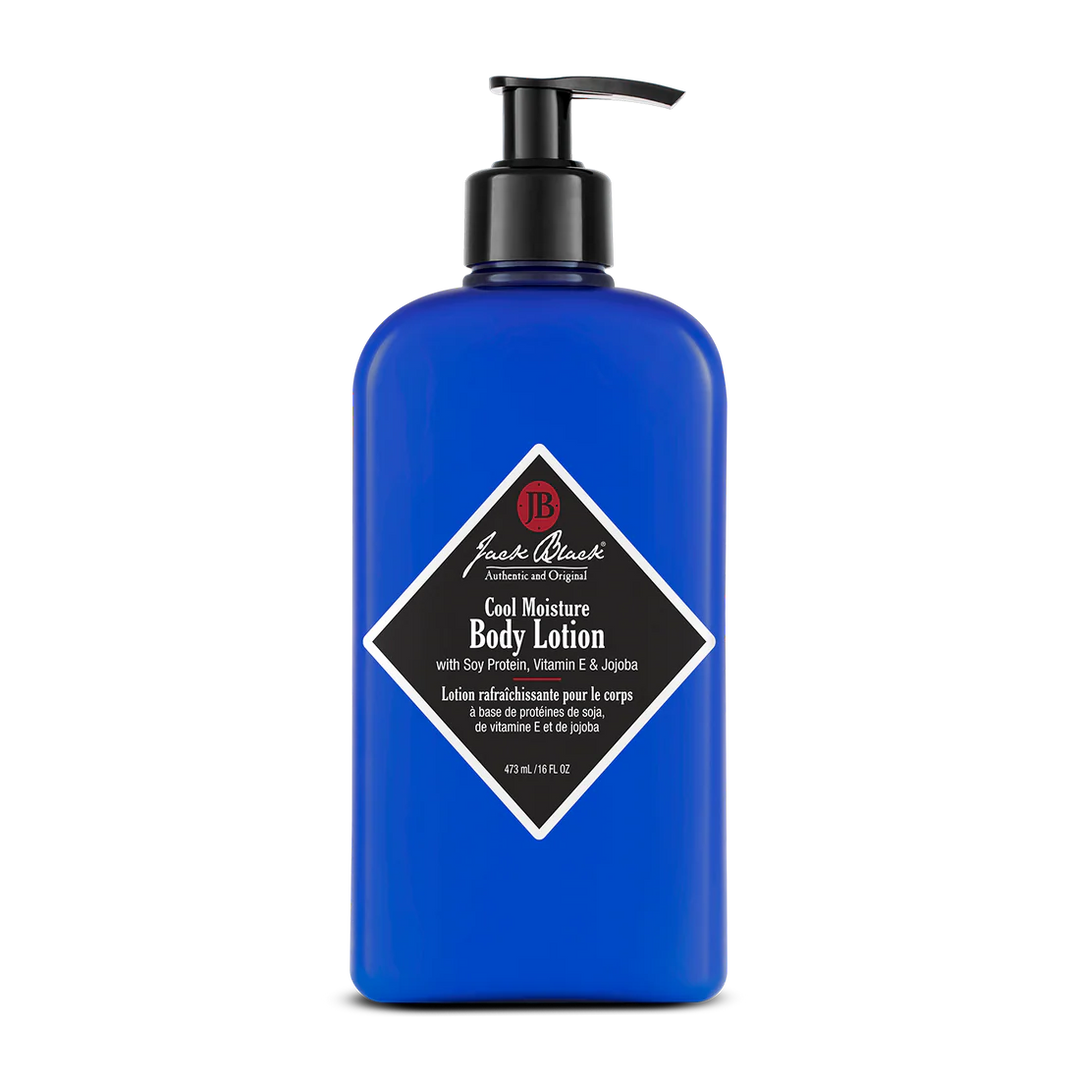 Jack Black Cool Moisture Body Lotion 16oz premium blue bottle featuring a convenient black pump dispenser.