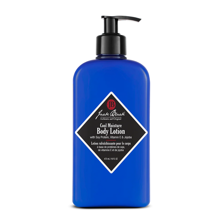 Jack Black Cool Moisture Body Lotion 16oz premium blue bottle featuring a convenient black pump dispenser.