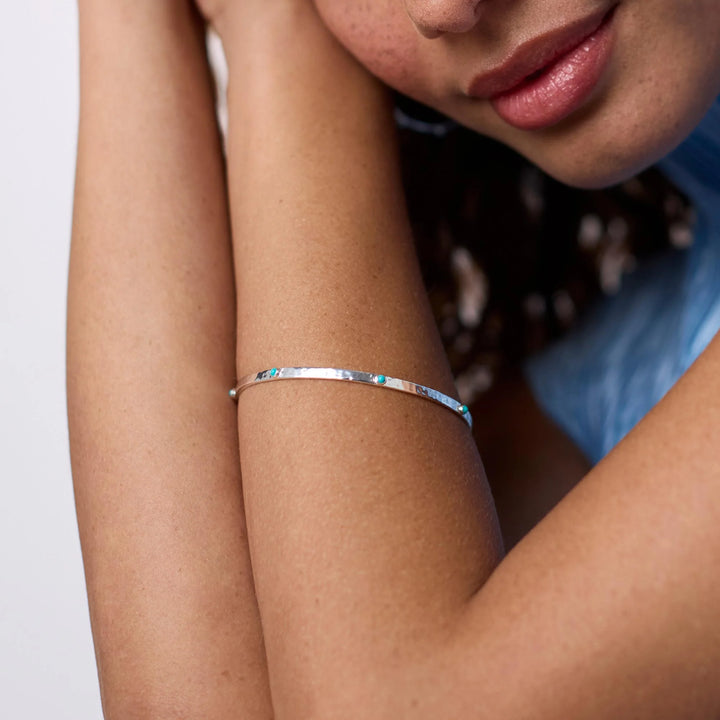 Crescent Stone Bangle - Silver - Stackable Designer Stone Bangle